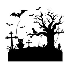 Modern Halloween haunted forest silhouette vector, twisted trees, bats, owls, pumpkins, witches, black cats, spooky graveyard, eerie moonlight, creepy landscape background design.
