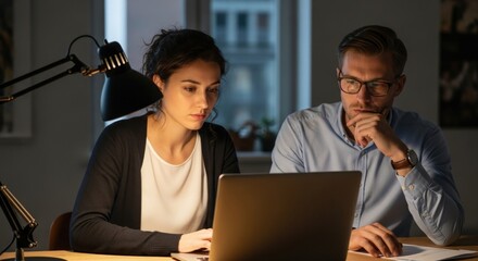Dedicated colleagues collaborating intently on a laptop late at night in a modern workspace
