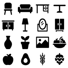 Fototapeta premium Interior Elements: A curated collection of silhouette icons representing a diverse array of interior design elements, each meticulously crafted in a sleek, minimalist style.