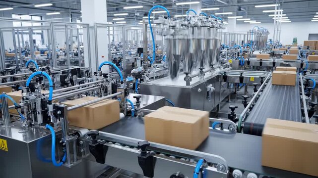 Cardboard boxes moving along automated conveyor belt in a modern factory, showcasing efficiency and precision in a clean and organized environment.