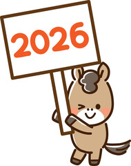 2026年の看板を持ってウインクする馬