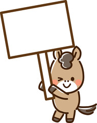看板を持ってウインクする馬