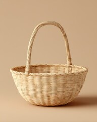 Woven Rattan Basket with Curved Handle on Neutral Background
