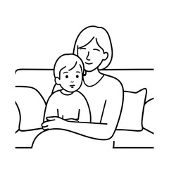 Black and White Vector Illustration of a Beautiful Mother Caring for Child in Minimalist Line Art Style