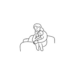 Black and White Vector Illustration of a Beautiful Mother Caring for Child in Minimalist Line Art Style