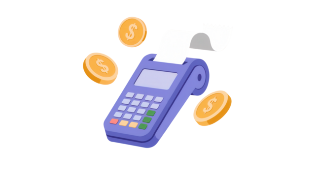 Purple credit card payment terminal with receipt and gold coins floating around it isolated on transparent background