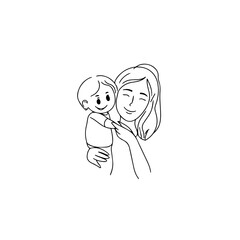 Black and White Vector Illustration of a Beautiful Mother Caring for Child in Minimalist Line Art Style
