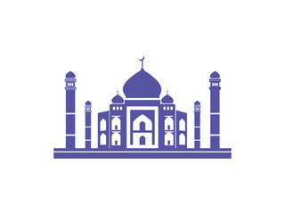Majestic silhouette of the Taj Mahal architectural monument with intricate dome and minarets in a black vector style isolated on white background