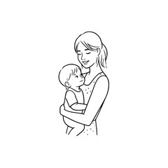 Black and White Vector Illustration of a Beautiful Mother Caring for Child in Minimalist Line Art Style