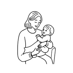 Black and White Vector Illustration of a Beautiful Mother Caring for Child in Minimalist Line Art Style