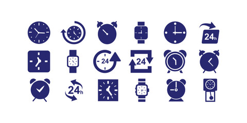Collection of black time-related icons including analog clocks, stopwatch, timer and wristwatch symbols in clean modern minimal vector set