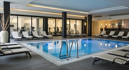 Indoor Swimming Pool with Loungers and Fitness Center View | Hotel Spa and Wellness Retreat for Relaxation and Healthy Lifestyle Marketing