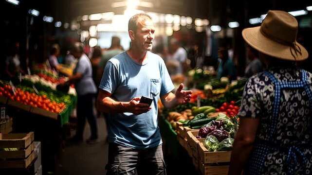 Busy farmers market scene with vendor selling fresh produce to a customer outdoor at daylight - Powered by Adobe