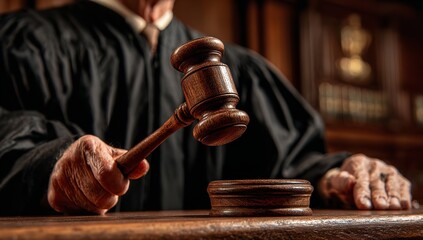 Judge in black robes hitting a gavel on the bench, close-up focused on the hand, blurred courtroom background