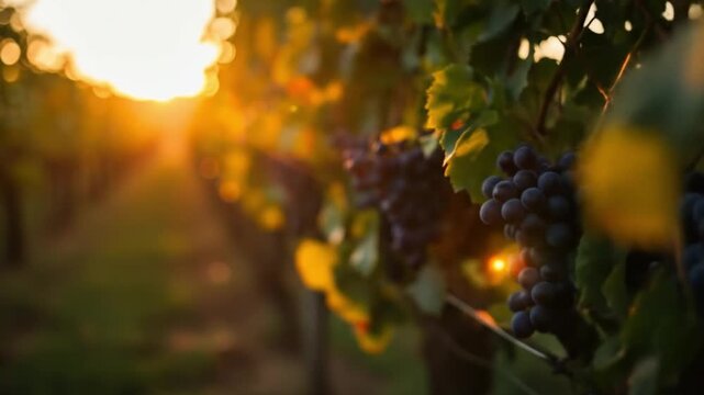 Vineyard row with ripe grapes at sunset leaves and branches visible