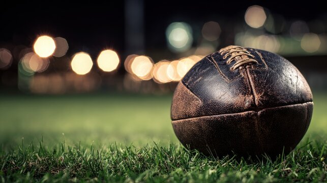 Vintage Leather Football on Grass Field with Lights in Background