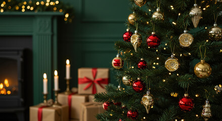 "Elegant Christmas Tree with Red and Gold Ornaments, Candlelit Fireplace and Wrapped Presents, Festive Cozy Holiday Interior for Seasonal, Commercial and Editorial Design"