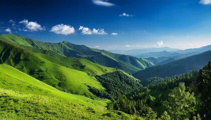 Obraz premium Lush Green Mountain Valleys Create A Captivating Landscape Of Tranquility And Beauty This Image Captures The Essence Of Serene Mountain Valleys In Vibrant Shades Of Green With Ample Copy Space