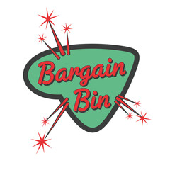 "Bargain Bin" retro vintage mid-century modern style sign with starbursts and green background