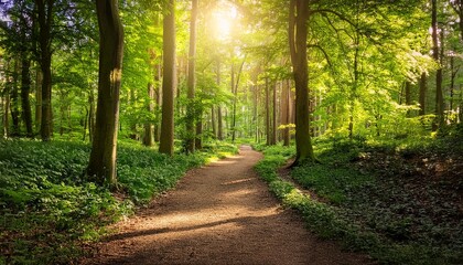 Naklejka premium Serene Forest Pathway Through Tall Trees With Sunlight Filtering In Lush Greenery
