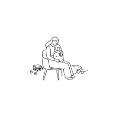 Black and White Vector Illustration of a Beautiful Mother Caring for Child in Minimalist Line Art Style