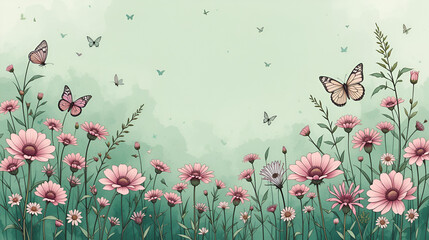 Spring season on green watercolor background. Hand drawn floral and insect wallpaper with pink wild flowers and group of butterflies. Line art graphic design for banner, cover, decoration, poster.