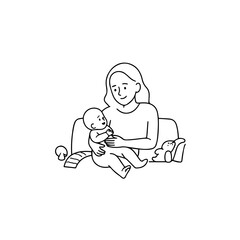 Black and White Vector Illustration of a Beautiful Mother Caring for Child in Minimalist Line Art Style