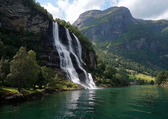 Breathtaking Waterfall in Fjord Landscape © Lauren
