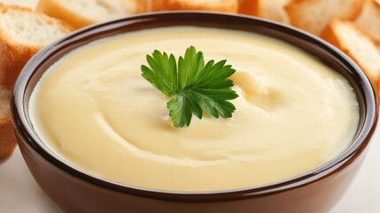 Creamy Dip with Fresh Herbs and Crisp Bread on a Wooden Table