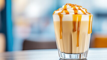 Creamy coffee drink with caramel drizzle in a glass cup