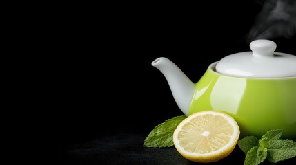 Green Teapot with Fresh Lemon Slice and Mint Leaves on Black Surface