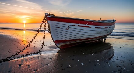 Sunrise over calm sea with old wooden boat.