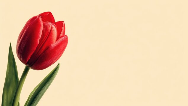 A single, vibrant red tulip is positioned on the left against a pale, creamy yellow background, leaving ample space to the right.  The tulip is sharply focused, showcasing its petals and stem