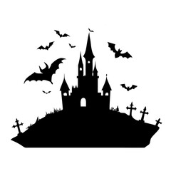Gothic castle silhouette Halloween vector, haunted towers, bats, witches, creepy graveyard, glowing moon, modern flat eerie horror design, dark spooky fantasy night background.