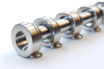 Row of Shiny Metal Bearings on a White Background Showing Engineering Precision and Detail
