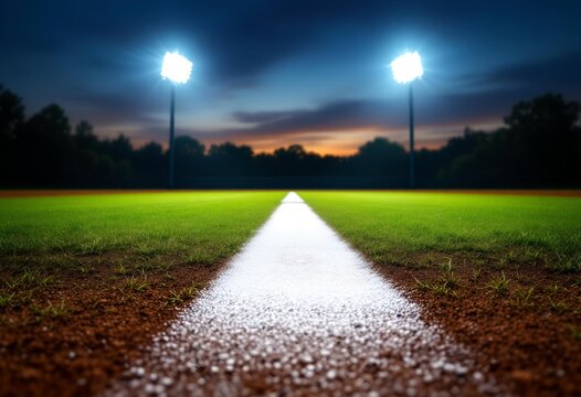 Illuminated Baseball Field at Dusk, Focusing on the Base Path
