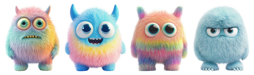 Fototapeta premium PNG Colorful fluffy cartoon monsters, element set on transparent background