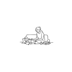 Black and White Vector Illustration of a Beautiful Mother Caring for Child in Minimalist Line Art Style