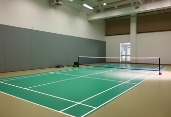 Pristine Green Badminton Court Awaiting Players in a Modern Sports Hall