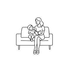 Black and White Vector Illustration of a Beautiful Mother Caring for Child in Minimalist Line Art Style