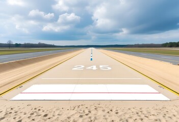 Runway 245: Awaiting Takeoff ?  Awaiting Takeoff under a Cloudy Sky, Runway Markings, Sand, Perspective