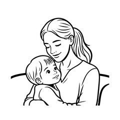 Black and White Vector Illustration of a Beautiful Mother Caring for Child in Minimalist Line Art Style