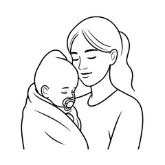 Black and White Vector Illustration of a Beautiful Mother Caring for Child in Minimalist Line Art Style