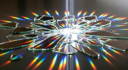 A bright light shines on shattered mirror pieces, creating a spectacular display of colorful light refraction and reflection.