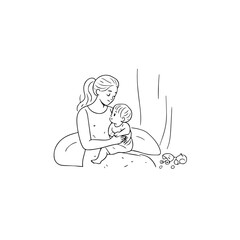 Black and White Vector Illustration of a Beautiful Mother Caring for Child in Minimalist Line Art Style