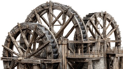 Rustic Old Watermill Structure with Multiple Aged Wooden Wheels Against White