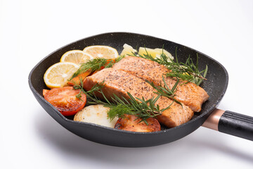 grilled steak salmon with vegetables on the pan 