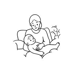 Black and White Vector Illustration of a Beautiful Mother Caring for Child in Minimalist Line Art Style