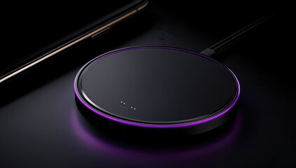 A sleek, black wireless charging pad with a subtle purple light ring, sits on a dark surface next to a smartphone, showcasing its minimalist design and charging capabilities