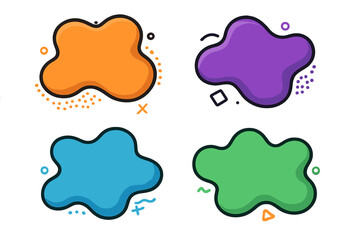 Set of colorful abstract blob shapes. Modern liquid amoeba forms for banners and text. Vector graphic element collection with doodle decoration. Cartoon sticker style design.